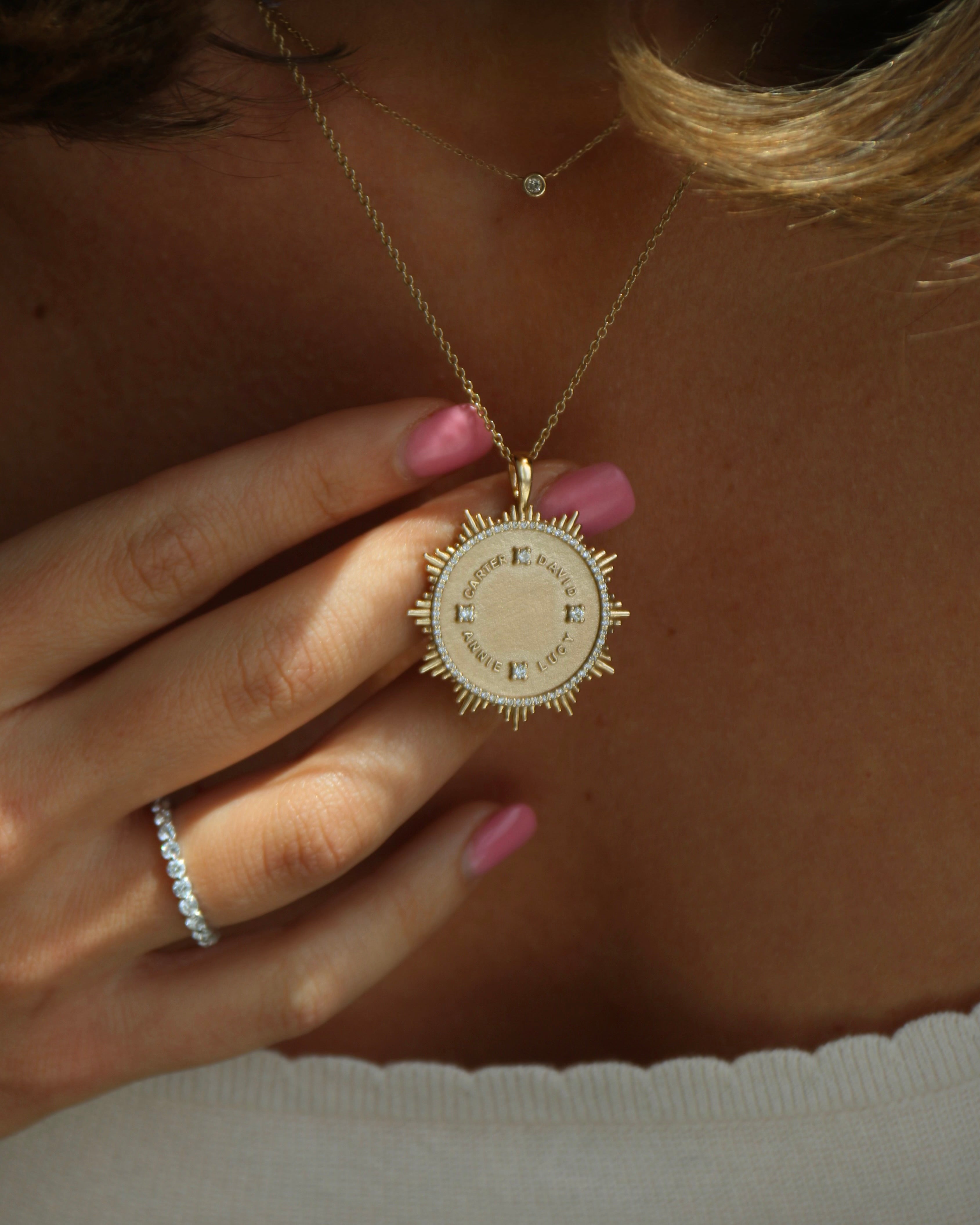 14k gold and diamond Custom Round SunBurst Pendant - Always Coco Fine