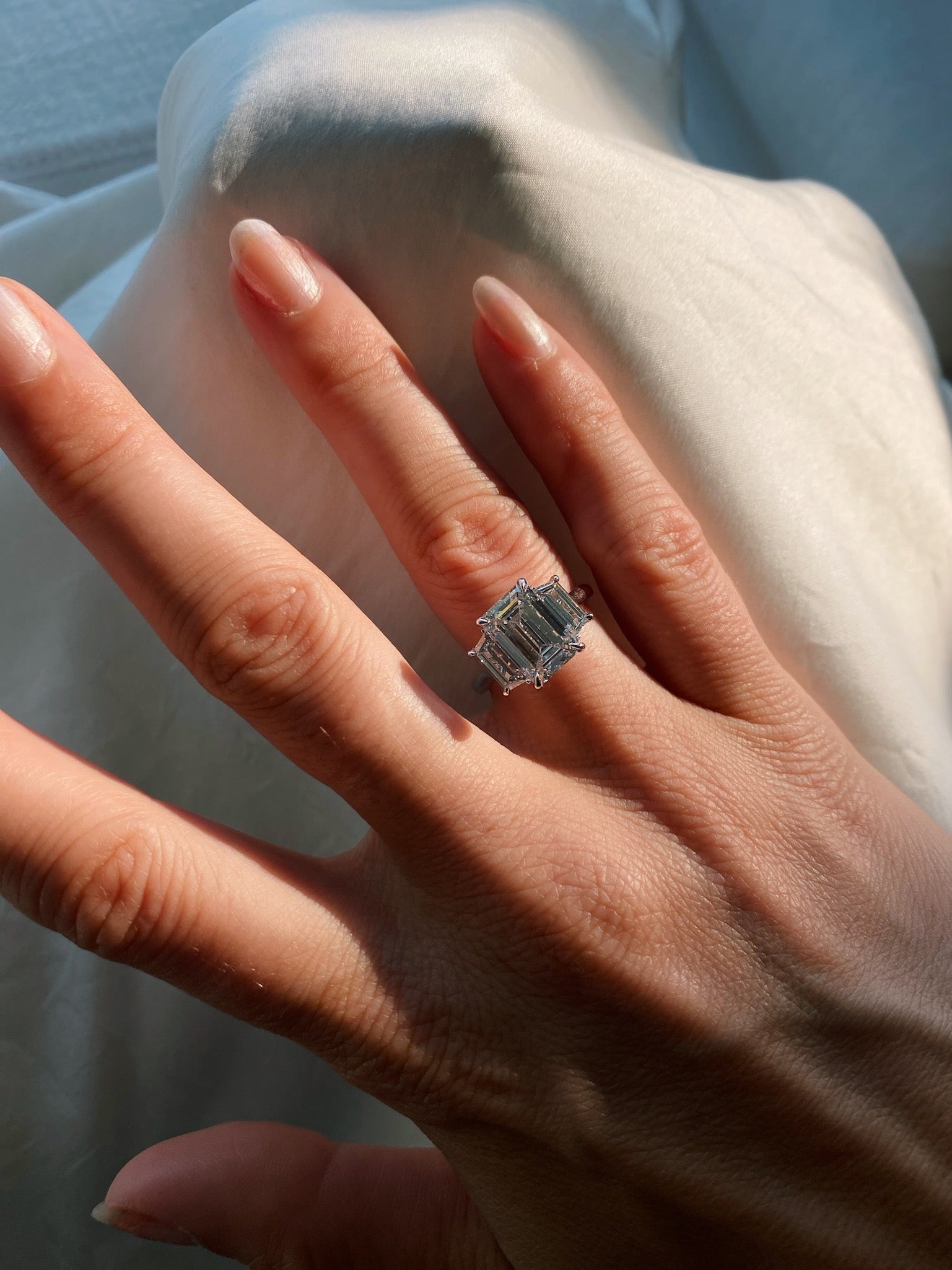 14k white gold Custom Three Stone Emerald with Trapezoids - Always Coco Fine
