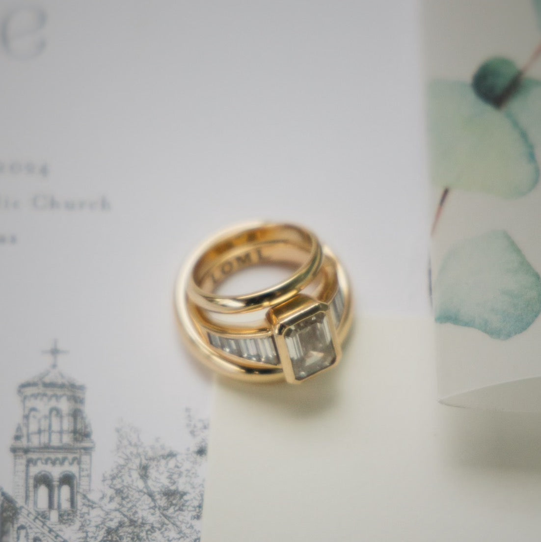 Custom Emerald Diamond with Tapered Baguettes and 14k Yellow Gold Bezel Setting - Always Coco Fine
