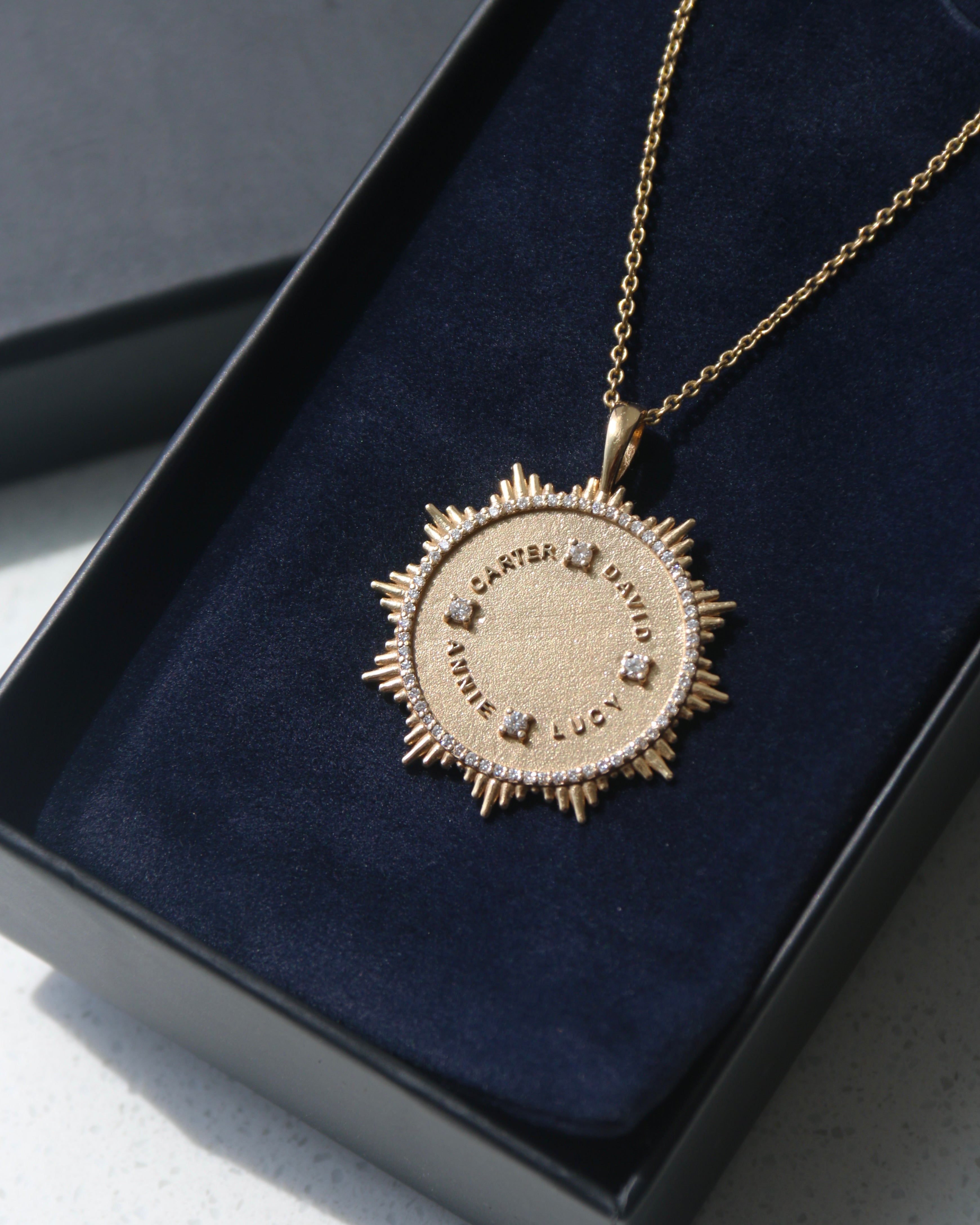 14k gold and diamond Custom Round SunBurst Pendant - Always Coco Fine