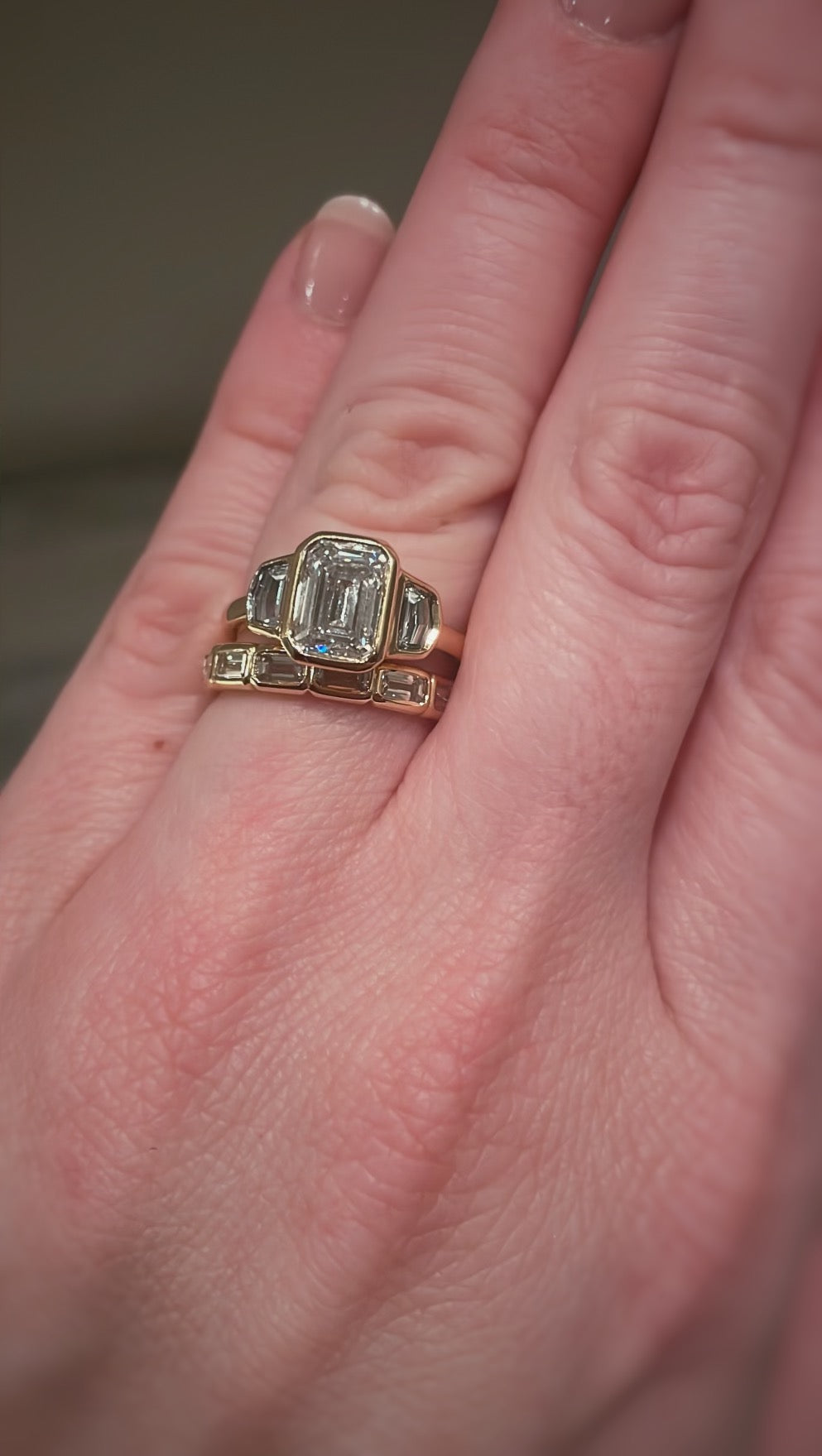 Custom 18k gold 3 stone Rounded Bezel Set Band and Engagement Ring - Always Coco Fine