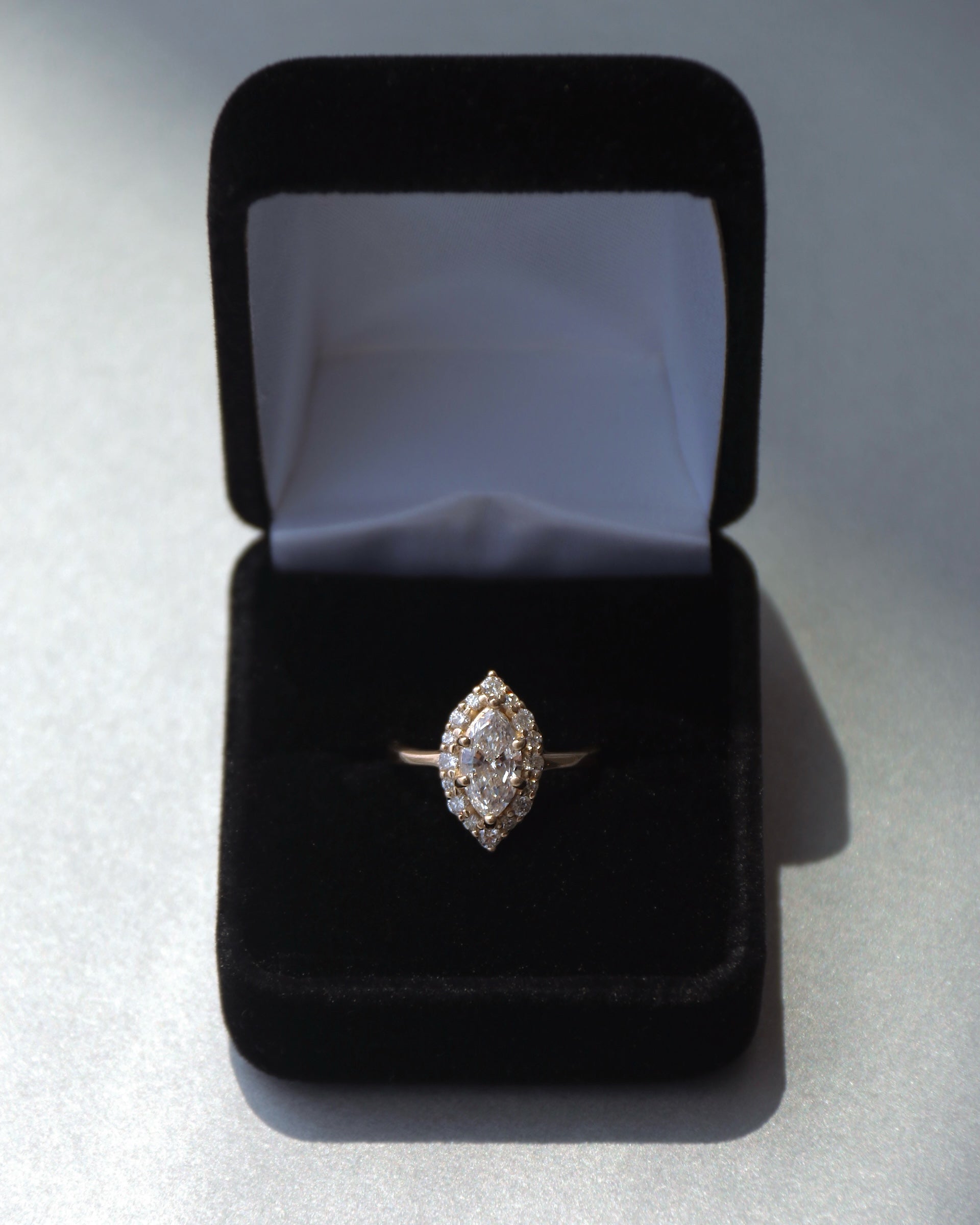 Custom 14k yellow gold and Marquise Diamond Halo Ring - Always Coco Fine