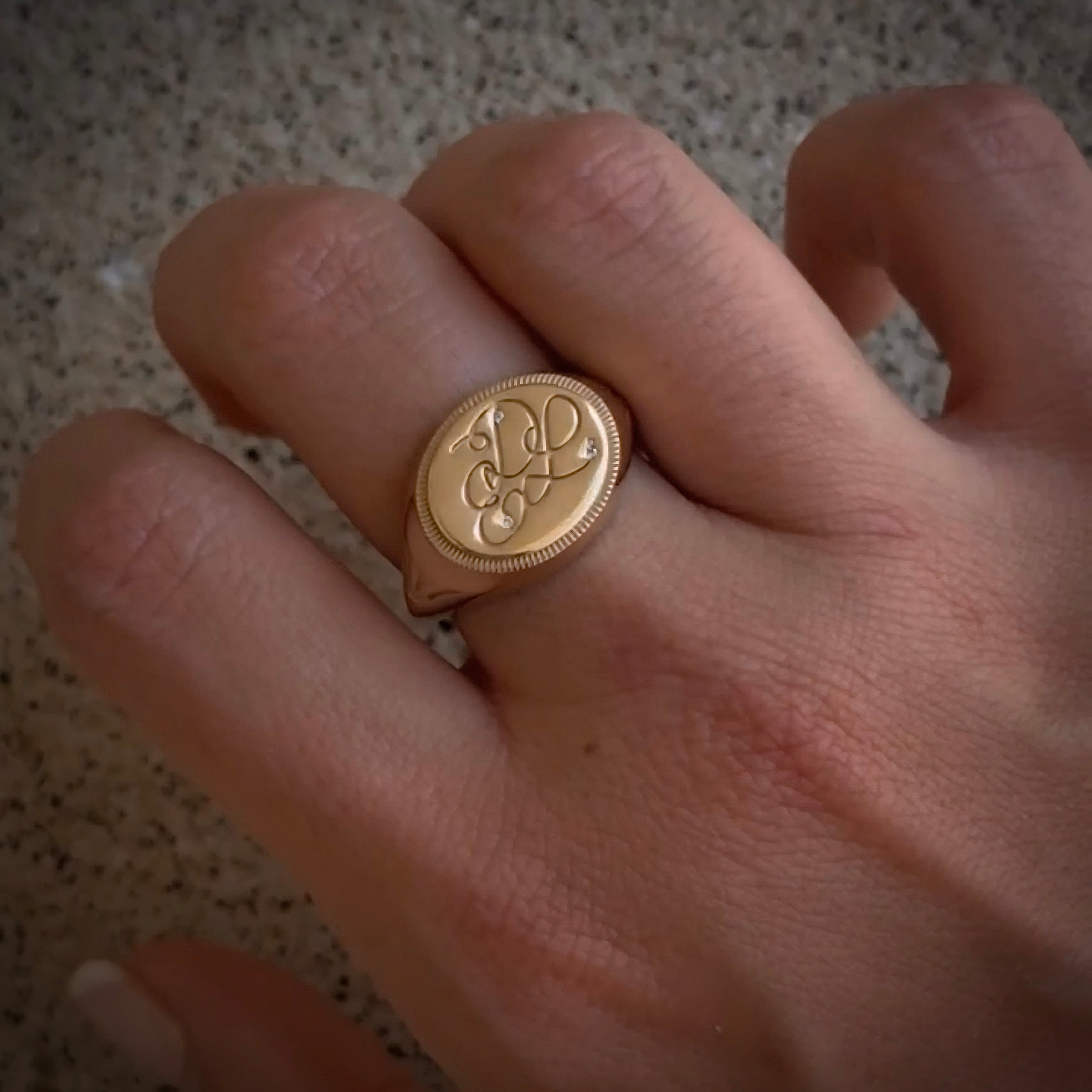 The Kami- Custom 14k Gold Signet Ring with Initial & Diamond Accent - Always Coco Fine