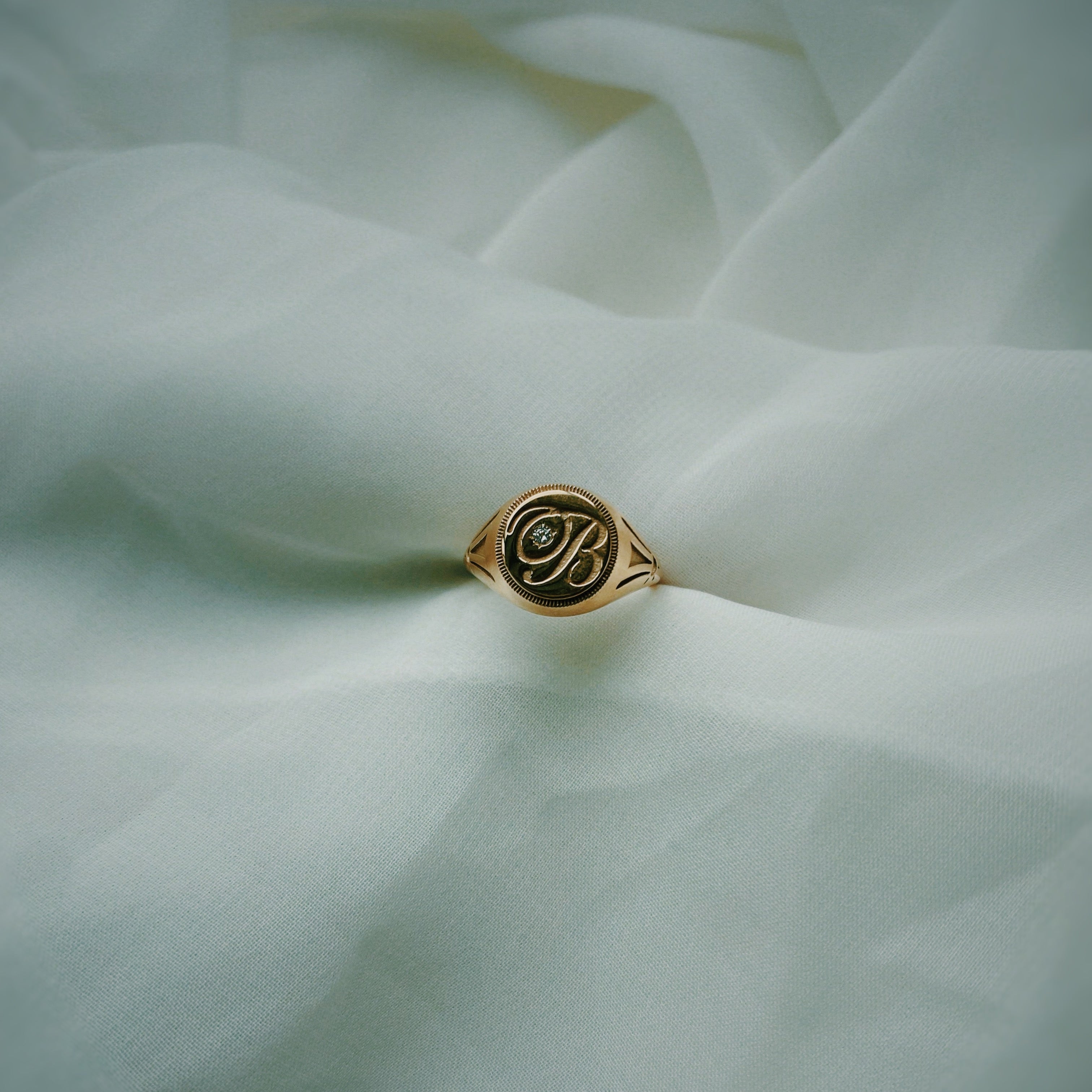 The Kami- Custom 14k Gold Signet Ring with Initial & Diamond Accent - Always Coco Fine