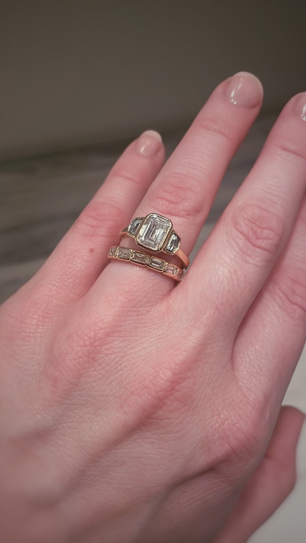 Custom 18k gold 3 stone Rounded Bezel Set Band and Engagement Ring - Always Coco Fine