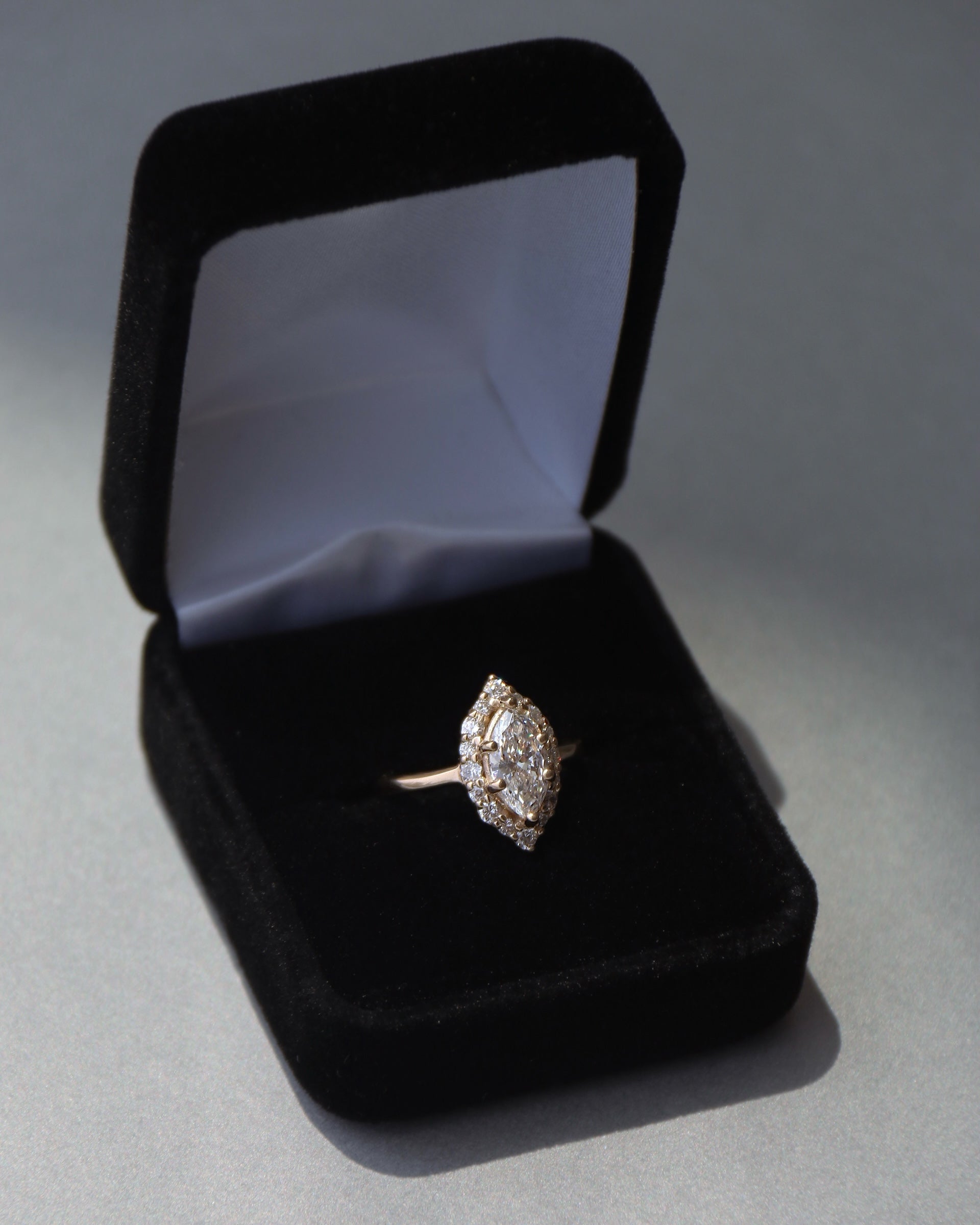 Custom 14k yellow gold and Marquise Diamond Halo Ring - Always Coco Fine
