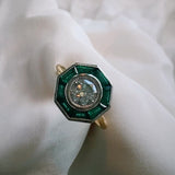Custom Ring with Octagonal Emerald Traps and a Round Brilliant Diamond - Always Coco Fine