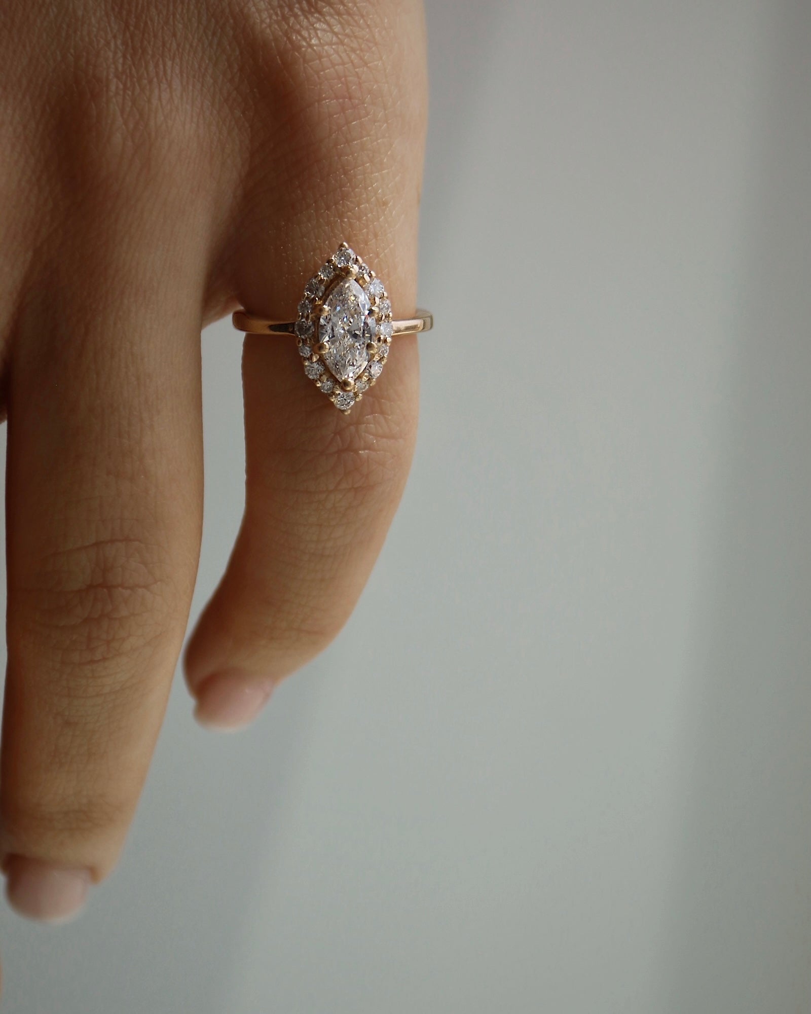 Custom 14k yellow gold and Marquise Diamond Halo Ring - Always Coco Fine