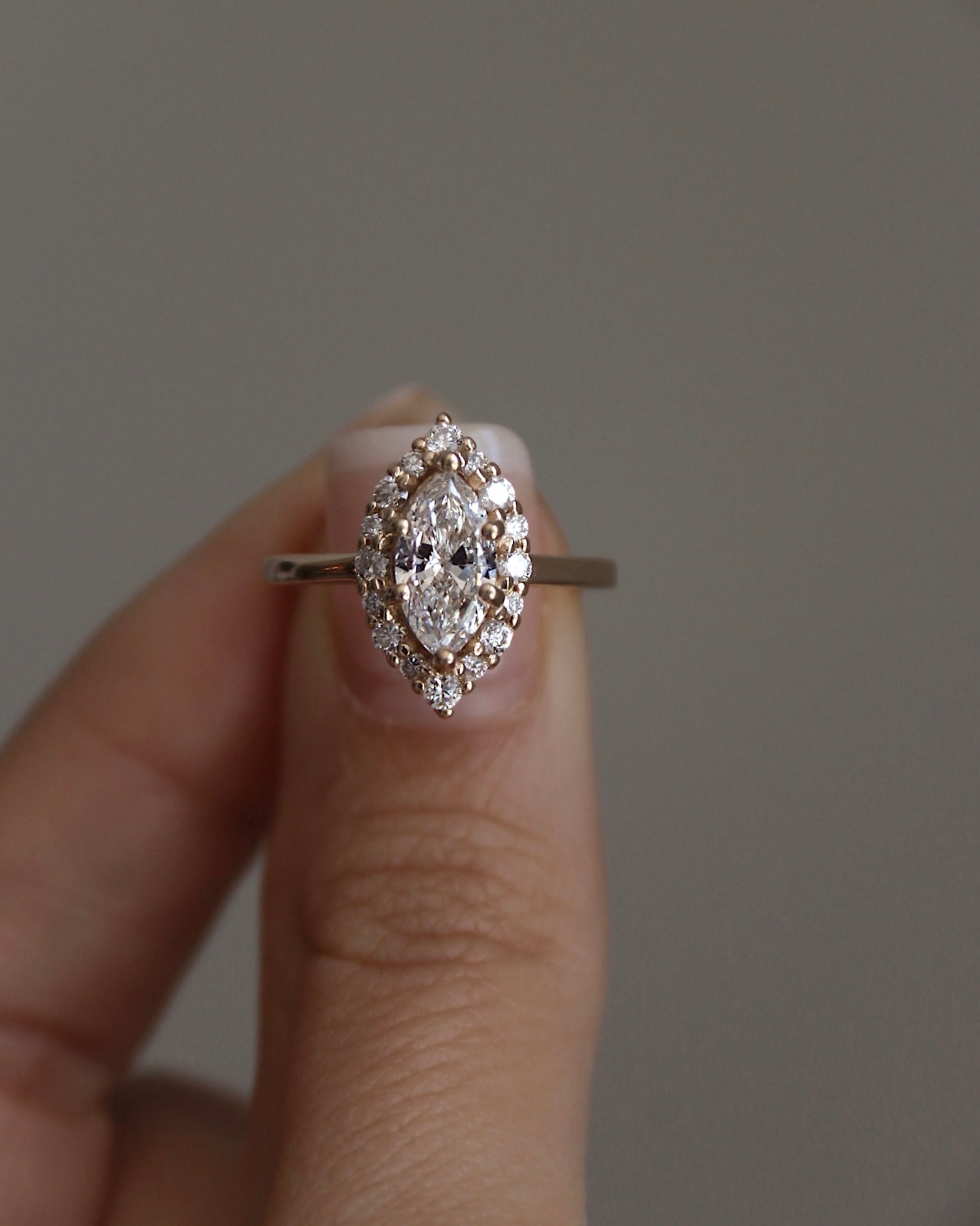 Custom 14k yellow gold and Marquise Diamond Halo Ring - Always Coco Fine