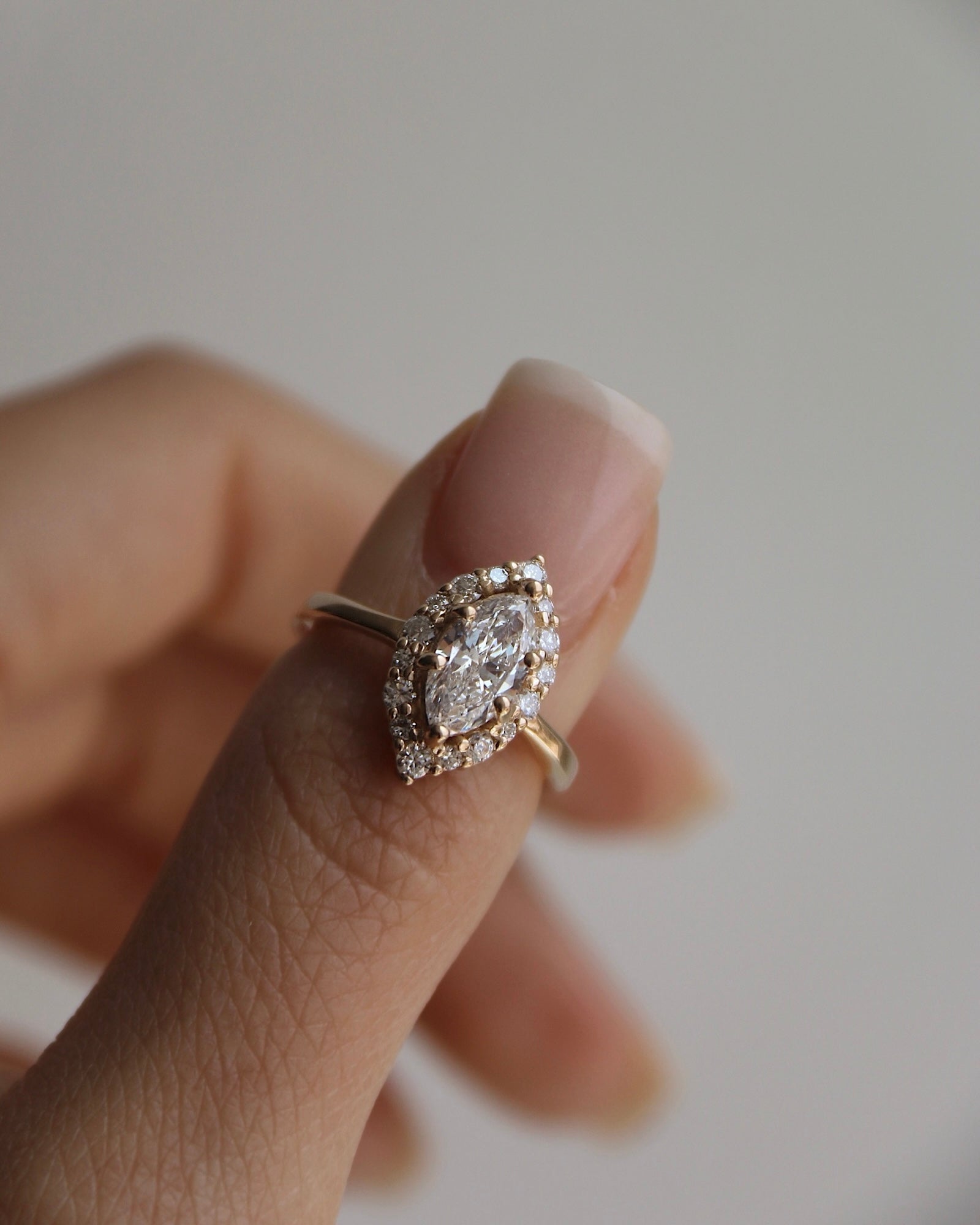 Custom 14k yellow gold and Marquise Diamond Halo Ring - Always Coco Fine