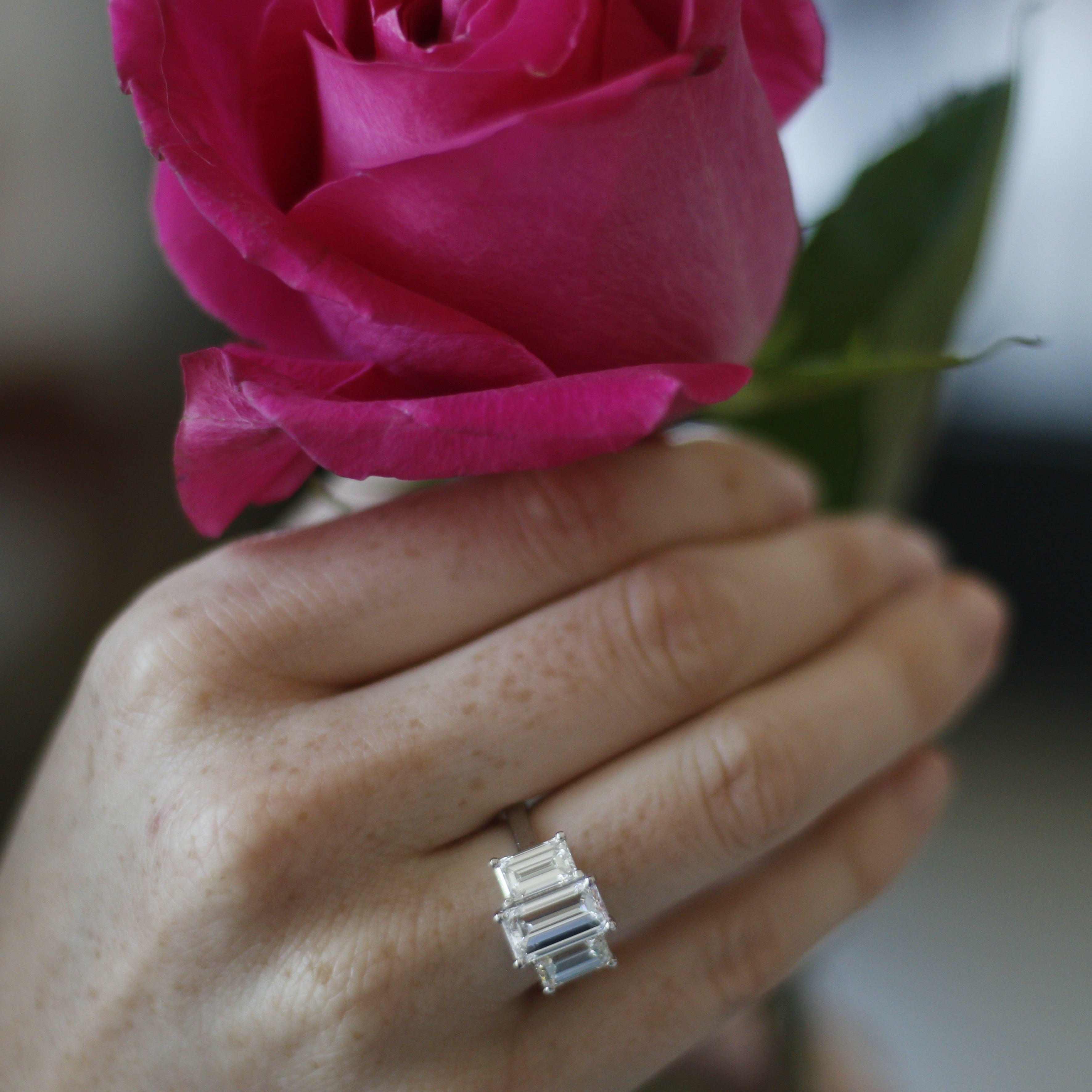 14k gold Custom Three Stone Diamond Emerald Ring - Always Coco Fine
