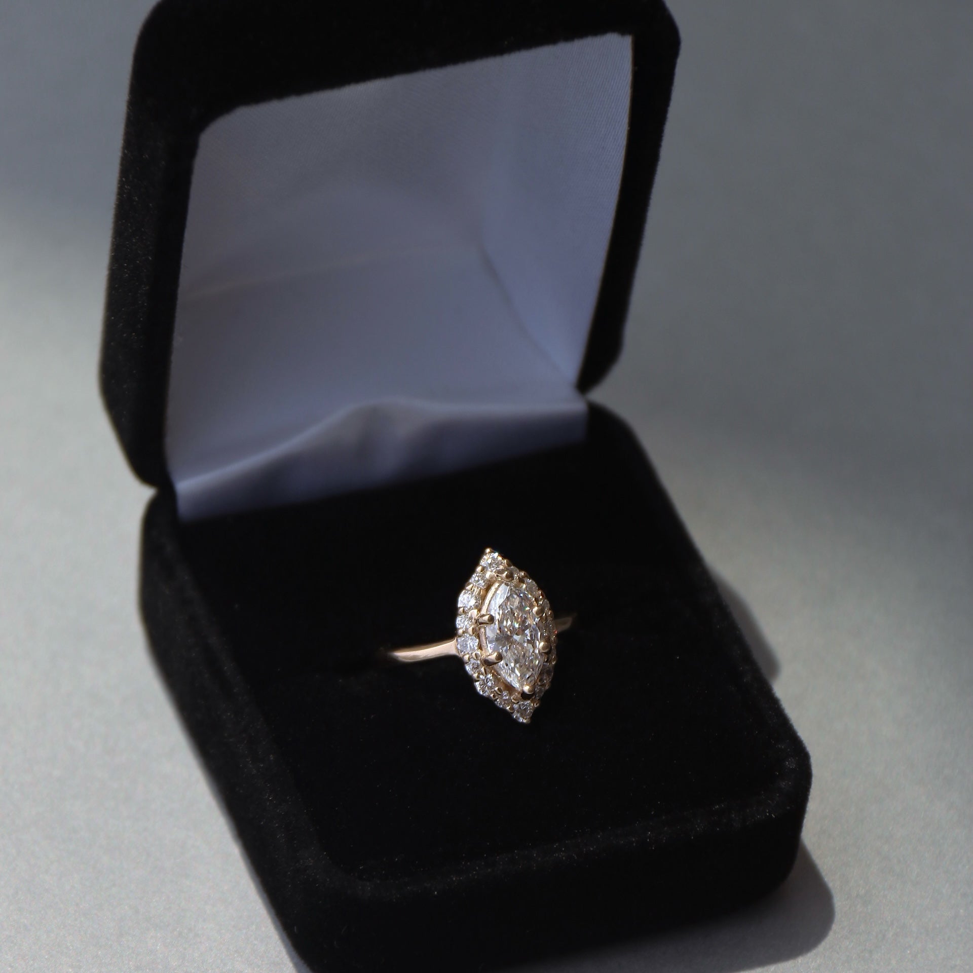 Custom  14k yellow gold and Marquise Diamond  Halo Ring - Always Coco Fine